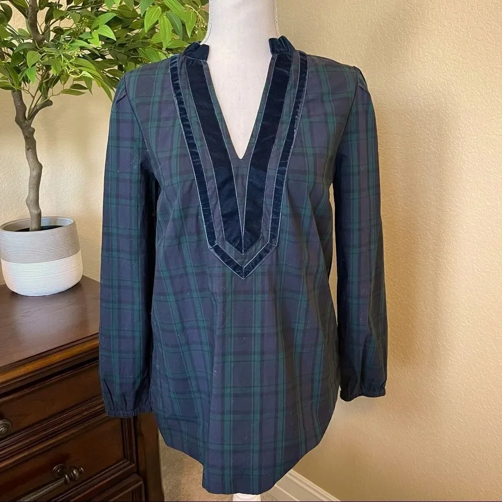 J. Crew Black Watch Tartan Plaid Velvet Trim Tunic Top Shirt XXS Green Navy
